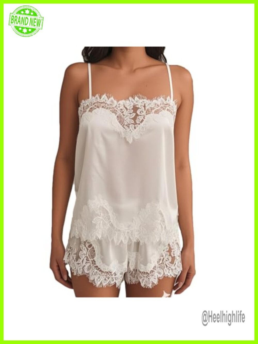 Women Satin Lace Trim Cami Lounge Set Shorts/Pants